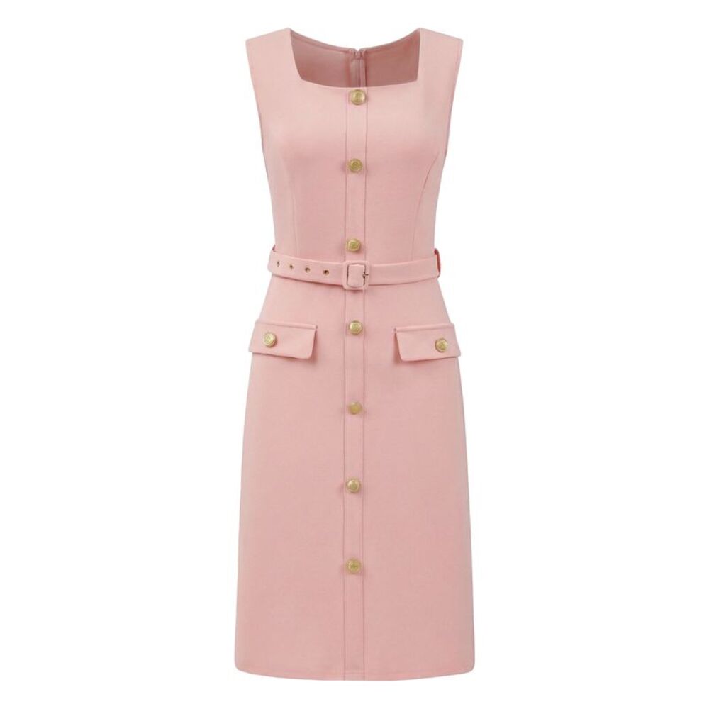 Women Sleeveless Office Square Neck Button Work Dress Pink